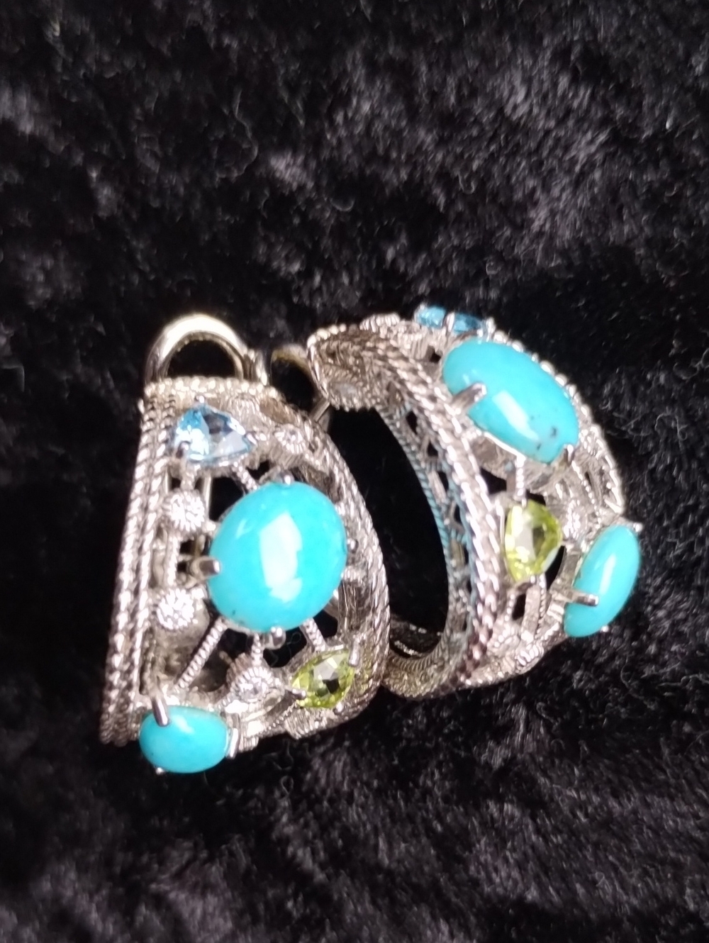 Judith Ripka Turquoise Peridot Blue Topaz 925 Filigree Huggie Pierced Earrings